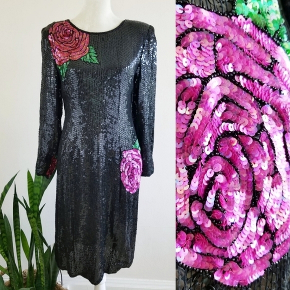 Vintage Dresses & Skirts - 🎉HP VTG 80s Rose Sequin + Bead Low-back Dress